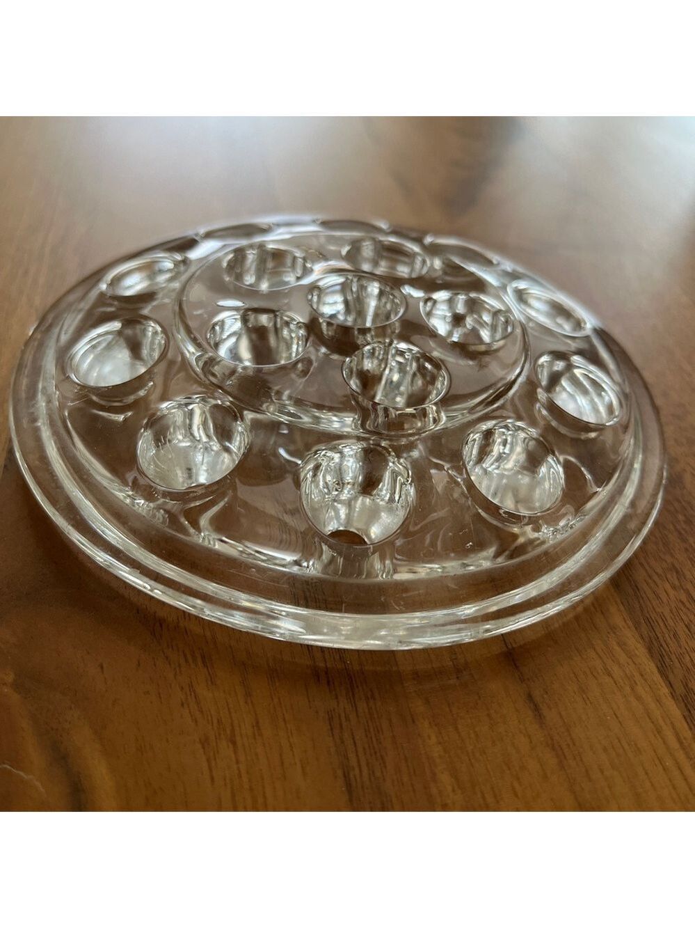 VINTAGE Heavy Floral Frog Clear Glass Display Flower Arranging Dome 16 Holes